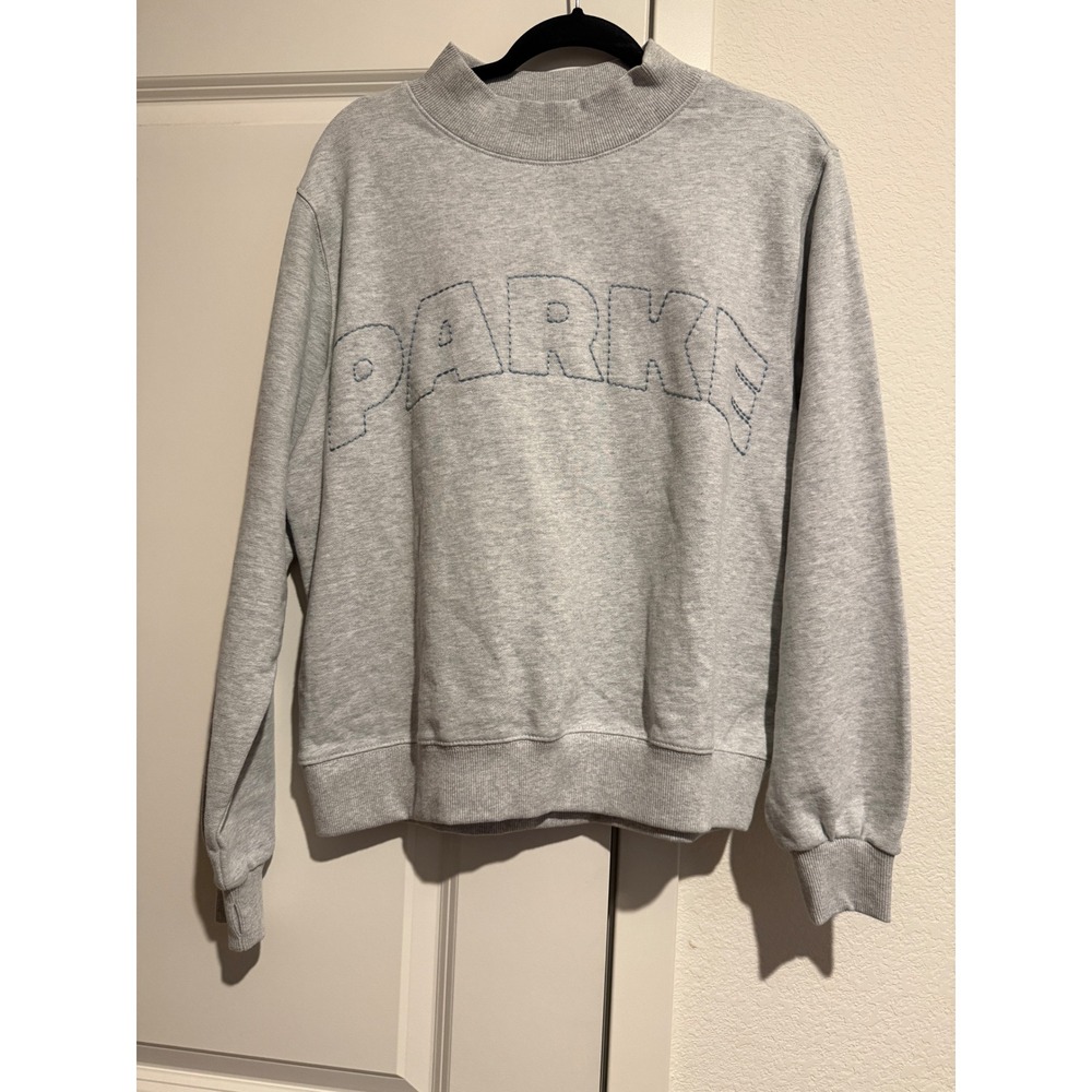 Parke Womens Mock Neck Sweatshirt Heather Gray Blue Whipstitch Logo XXS/XS